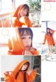 A woman in an orange hoodie is posing for a picture.