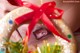 A close up of a woman's mouth with a red bow on it.