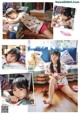 A collage of photos of a young girl laying on a bed.