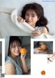 A collage of photos of a woman holding an orange.