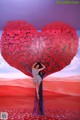 A woman standing in front of a large heart made of roses.