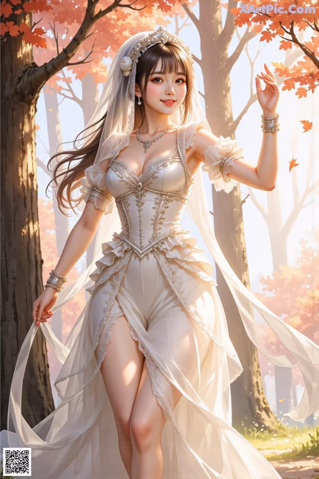 A woman in a wedding dress standing in the woods.